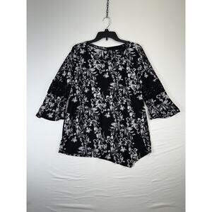 New Directions Shirt Womens Large Black White Floral Bell Sleeve Tunic Top